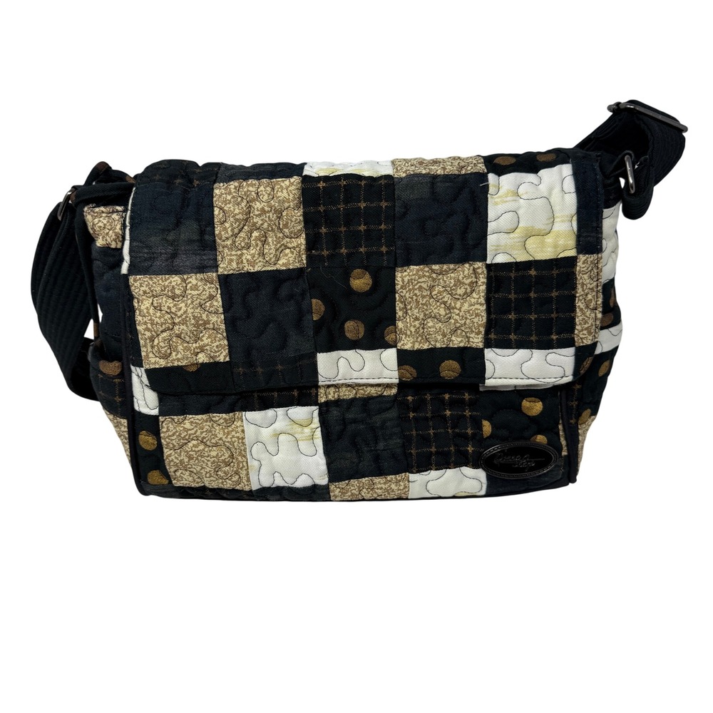 Donna Sharp Quilted Messenger Bag Womens Medium Black Gold Patchwork Good Flap